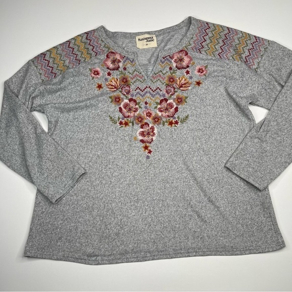 Savanna Jane Sweatshirt Top Long Sleeve Grey Embroidered Floral Western Boho 3X - Picture 1 of 13